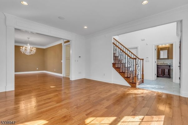 Chandelier, Empty room, Interior, Recessed Lighting, Wood Texture Flooring