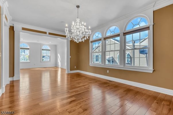 Chandelier, Empty room, Interior, Recessed Lighting, Wood Texture Flooring