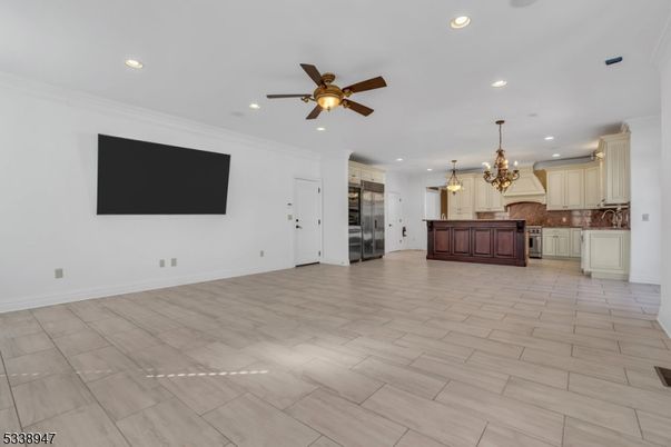 Chandelier, Empty room, Interior, Kitchen, Pendant Lights, Recessed Lighting, Stainless Steel Appliances