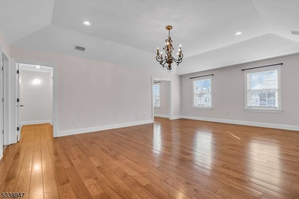 Chandelier, Empty room, Interior, Recessed Lighting, Wood Texture Flooring