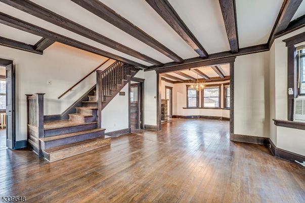 Chandelier, Empty room, Interior, Pendant Lights, Wooden Beams, Wood Texture Flooring