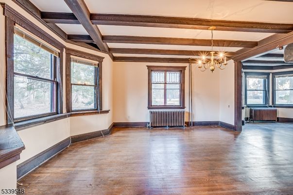 Chandelier, Empty room, Interior, Wooden Beams, Wood Texture Flooring