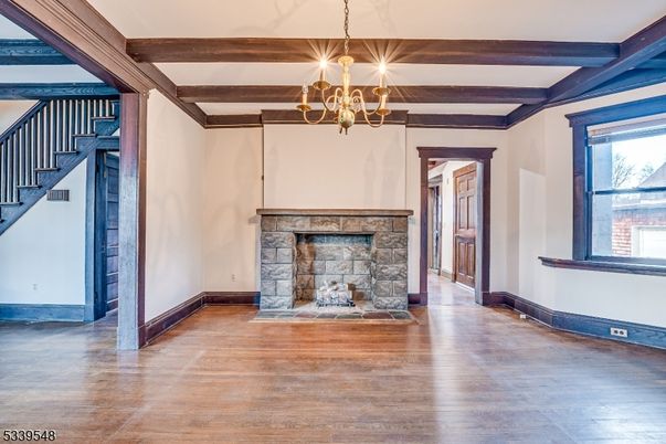 Chandelier, Empty room, Fireplace, Interior, Wooden Beams, Wood Texture Flooring