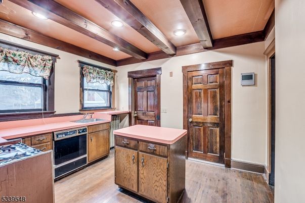 Interior, Kitchen, Recessed Lighting, Wooden Beams, Wood Texture Flooring