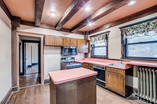 Interior, Kitchen, Recessed Lighting, Stainless Steel Appliances, Wooden Beams, Wood Texture Flooring
