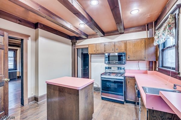 Interior, Kitchen, Recessed Lighting, Stainless Steel Appliances, Wooden Beams, Wood Texture Flooring
