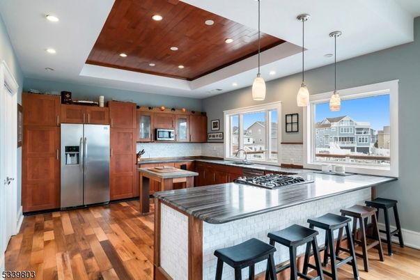 Interior, Kitchen, Pendant Lights, Recessed Lighting, Stainless Steel Appliances, Wooden Ceilings, Wood Texture Flooring