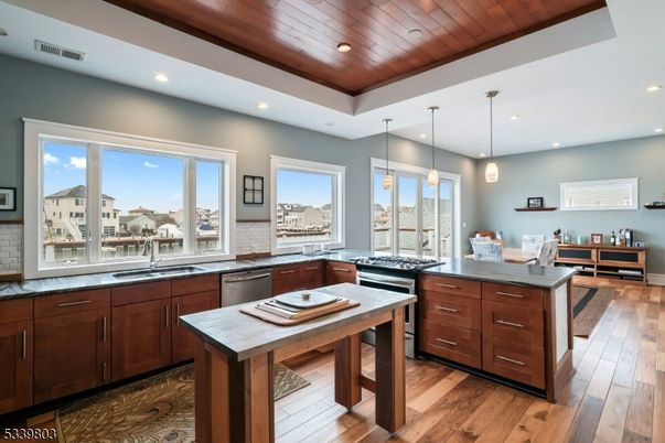 Interior, Kitchen, Pendant Lights, Recessed Lighting, Stainless Steel Appliances, Wooden Ceilings, Wood Texture Flooring