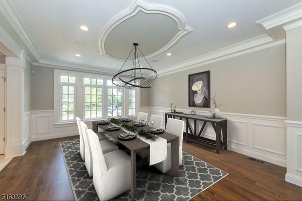 Dining room, Interior, Pendant Lights, Recessed Lighting, Wood Texture Flooring