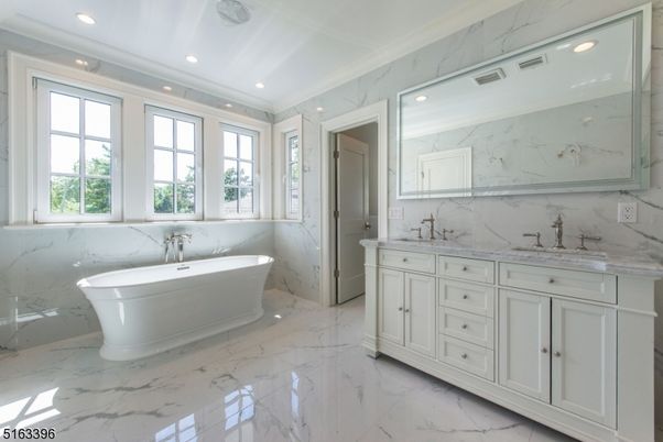 Bathroom, Dual Sink Vanities, Free Standing Baths, Interior, Marble, Marble Walls, Recessed Lighting