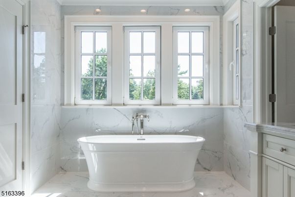 Bathroom, Free Standing Baths, Glass Shower, Interior, Marble, Marble Walls, Recessed Lighting