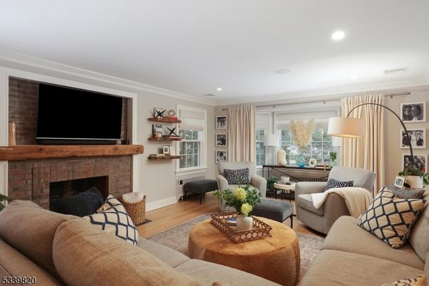 Fireplace, Interior, Living room, Recessed Lighting, Wood Texture Flooring