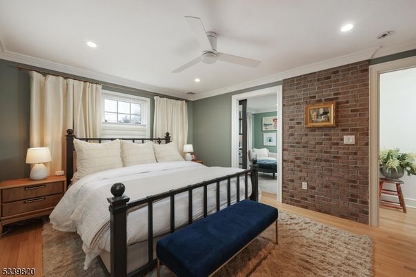 Bedroom, Interior, Recessed Lighting, Stone Walls, Wood Texture Flooring