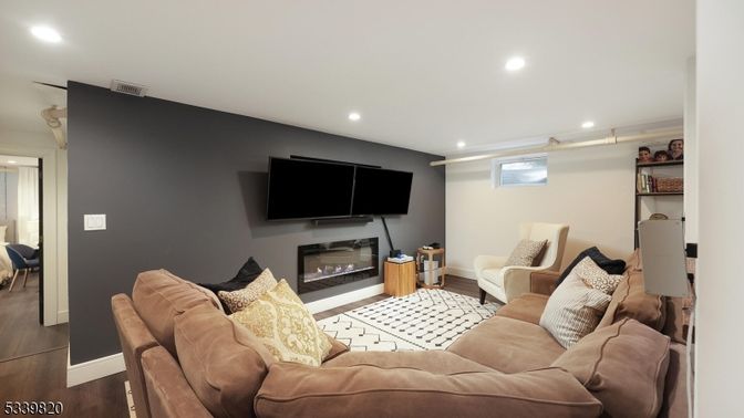 Fireplace, Interior, Living room, Recessed Lighting, Wood Texture Flooring
