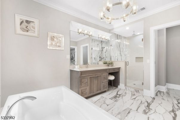 Bathroom, Chandelier, Dual Sink Vanities, Glass Shower, Interior, Marble, Recessed Lighting