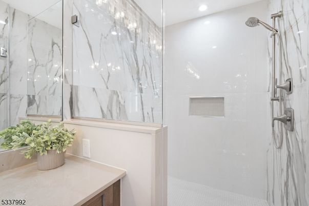 Bathroom, Glass Shower, Interior, Marble Walls, Recessed Lighting