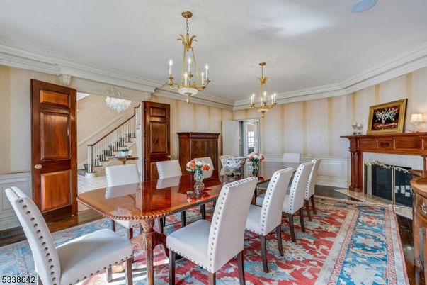 Chandelier, Dining room, Fireplace, Interior