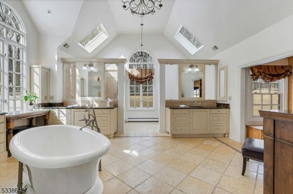 Bathroom, Dual Sink Vanities, Free Standing Baths, Interior, Pendant Lights