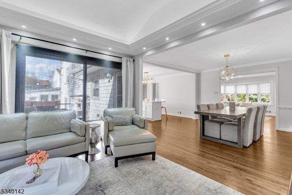 Chandelier, Dining room, Interior, Living room, Pendant Lights, Recessed Lighting, Wood Texture Flooring