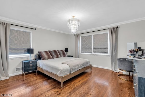 Bedroom, Chandelier, Interior, Wood Texture Flooring