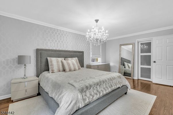 Bedroom, Chandelier, Interior, Wood Texture Flooring