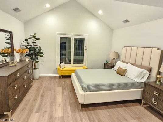 Bedroom, Interior, Recessed Lighting, Wood Texture Flooring
