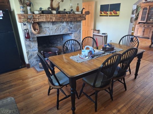 Dining room, Fireplace, Interior, Wood Texture Flooring