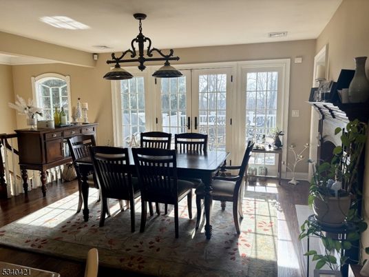 Chandelier, Dining room, Interior, Wood Texture Flooring