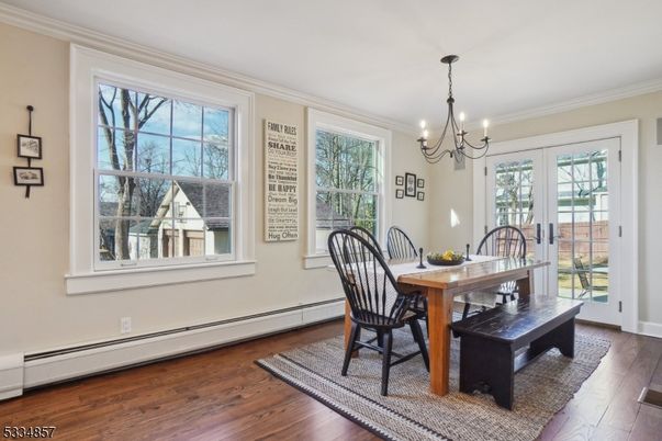 Chandelier, Dining room, Interior, Wood Texture Flooring