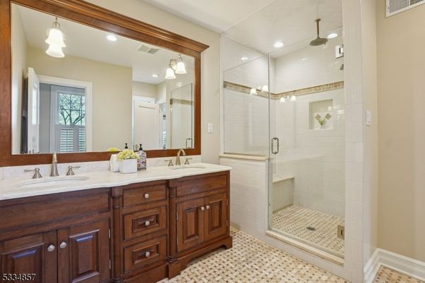 Bathroom, Dual Sink Vanities, Glass Shower, Interior, Recessed Lighting