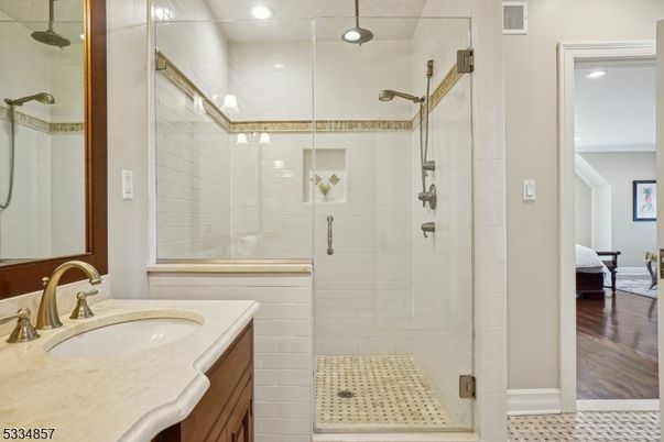 Bathroom, Glass Shower, Interior, Recessed Lighting, Wood Texture Flooring