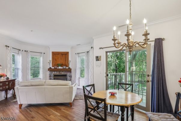 Chandelier, Dining room, Fireplace, Interior, Living room, Wood Texture Flooring