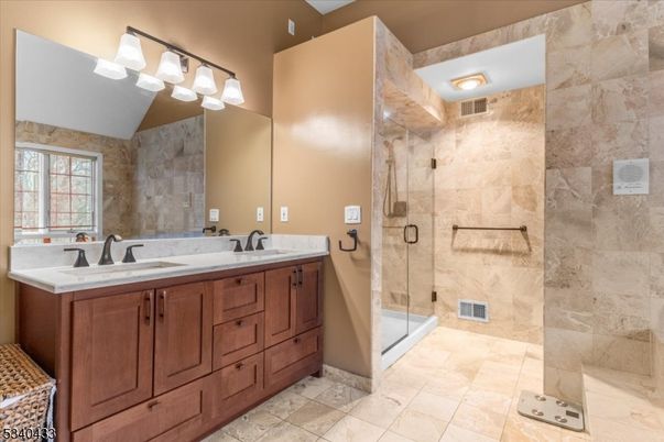 Bathroom, Dual Sink Vanities, Glass Shower, Interior, Recessed Lighting