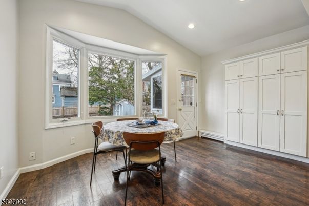 Dining room, Interior, Recessed Lighting, Wood Texture Flooring