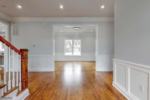 Chandelier, Empty room, Interior, Recessed Lighting, Wood Texture Flooring