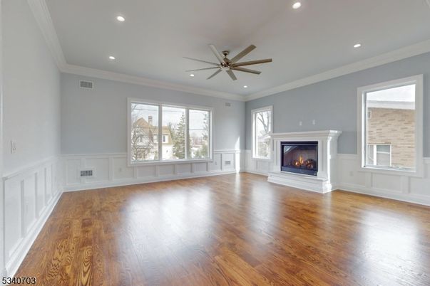 Empty room, Fireplace, Interior, Recessed Lighting, Wood Texture Flooring