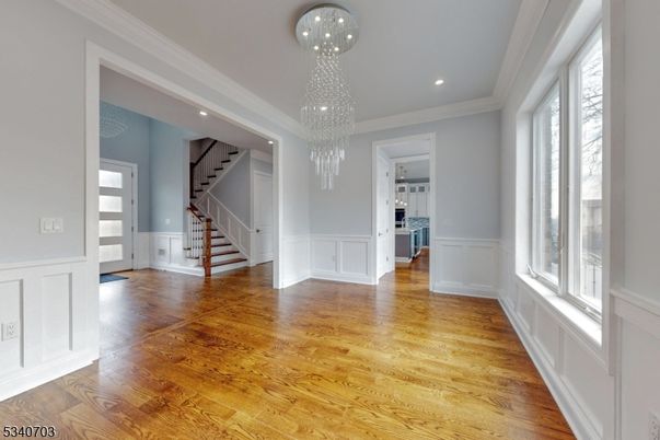 Chandelier, Empty room, Interior, Pendant Lights, Recessed Lighting, Wood Texture Flooring