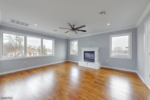 Empty room, Fireplace, Interior, Recessed Lighting, Wood Texture Flooring