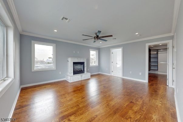 Empty room, Fireplace, Interior, Recessed Lighting, Wood Texture Flooring