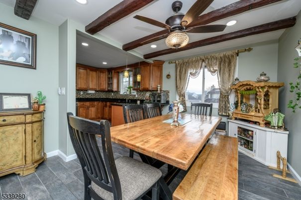 Dining room, Interior, Kitchen, Recessed Lighting, Wooden Beams, Wood Texture Flooring