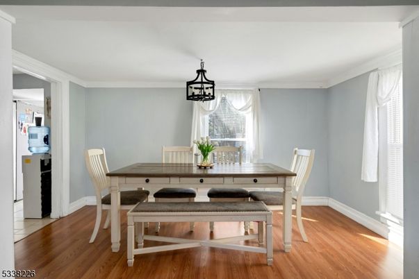 Dining room, Interior, Pendant Lights, Wood Texture Flooring