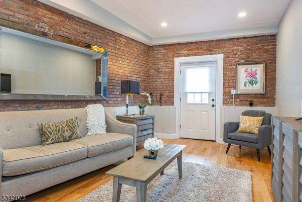 Interior, Living room, Recessed Lighting, Stone Walls, Wood Texture Flooring