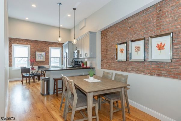 Dining room, Interior, Kitchen, Pendant Lights, Recessed Lighting, Stone Walls, Wood Texture Flooring