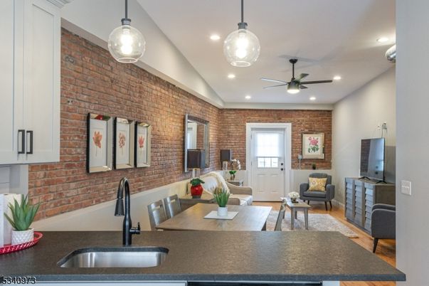 Interior, Kitchen, Pendant Lights, Recessed Lighting, Stone Walls, Wood Texture Flooring