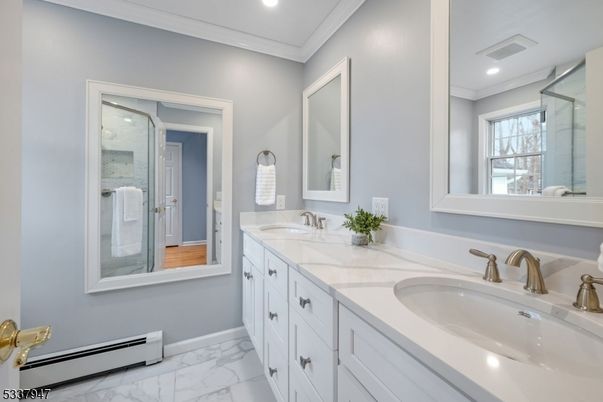 Bathroom, Dual Sink Vanities, Glass Shower, Interior, Marble, Recessed Lighting