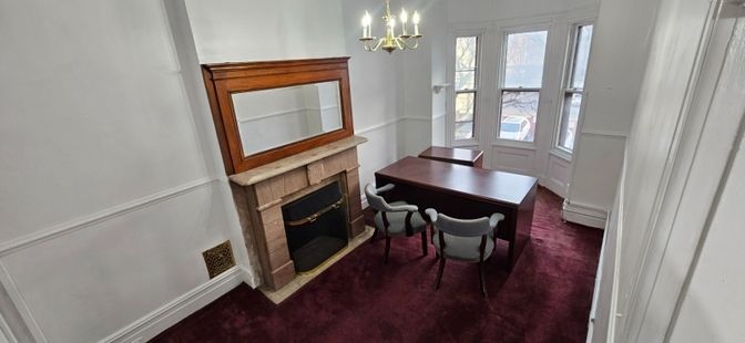 Chandelier, Dining room, Fireplace, Interior