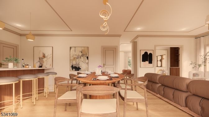 Dining room, Interior, Living room, Pendant Lights, Recessed Lighting, Wood Texture Flooring