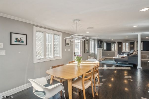Dining room, Interior, Living room, Pendant Lights, Recessed Lighting, Wood Texture Flooring