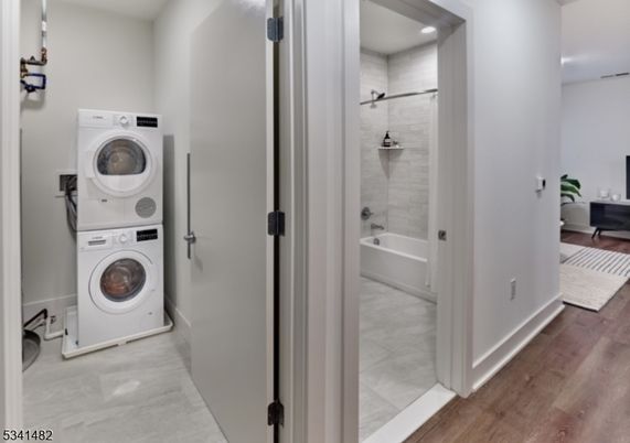 Bathroom, Interior, Recessed Lighting, Utility Closets, Washer, Wood Texture Flooring