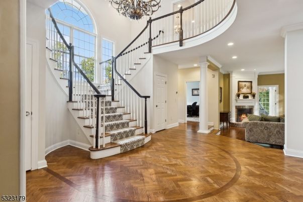 Chandelier, Fireplace, Interior, Recessed Lighting, Wood Texture Flooring